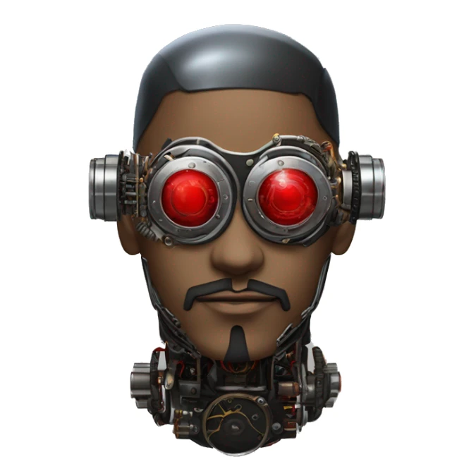 Round cyborg head with red steampunk goggles, black goatee and circuits sticker