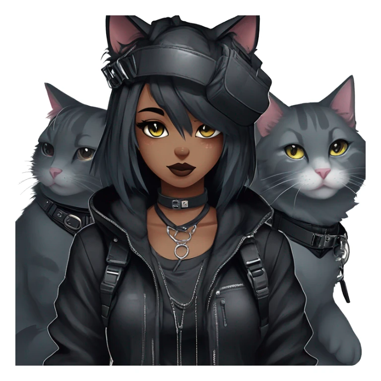 Gorgeous gothic dark techwear cyberpunk anime style sona anthro cat, aesthetic, and pretty edgy black with collar and harness, trending style sticker