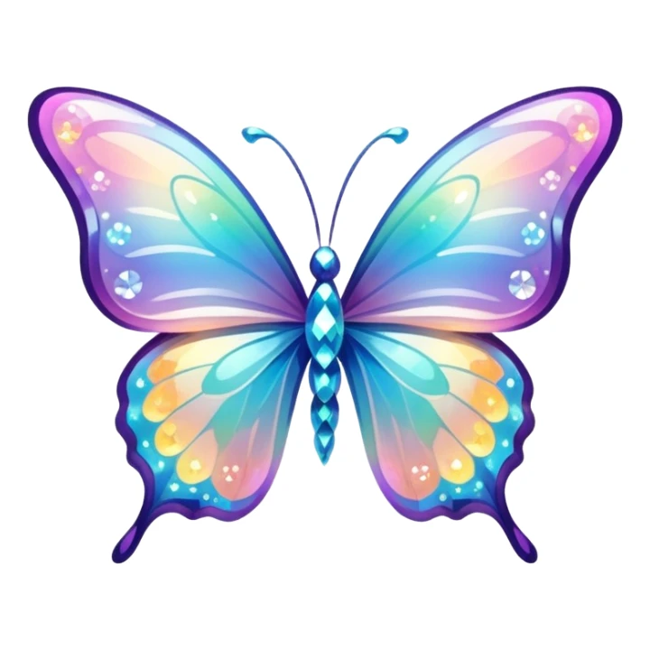 Transparent Shiny Glossy Pastel Gradient Hue Iridescent Crystal Butterfly with bright sparkles and sparkling glitter swirling around it sticker