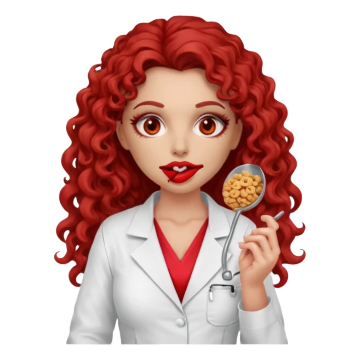 Sensual Spanish Lilith core evil surgeon.red outfit.  Surgeon has red eyes. Her hair is brown long and  curly. wearing a sexy surgeon outfit with platform heels.she is a calculated smart cereal killer. She covers only her mouth and nose to hide identity  sticker
