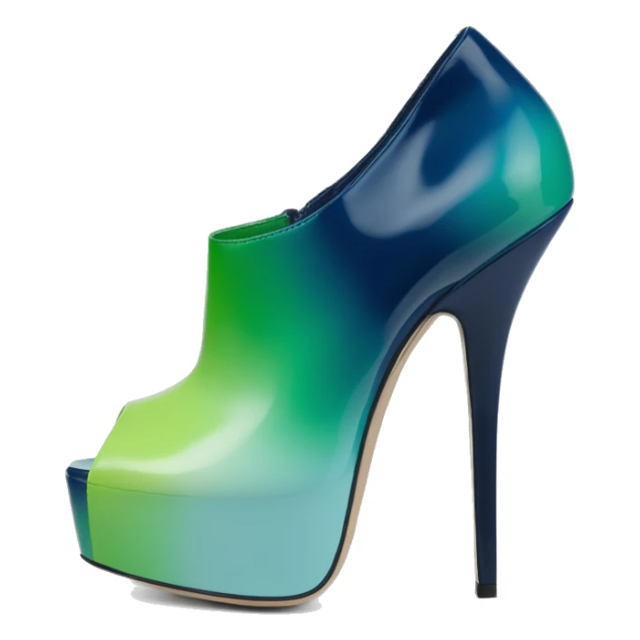 Realistic isolated top view of a pair of emerald green,sky blue,mint green,lime green and navy blue ombre Jimmy Choo peep toe stiletto ankle booties. sticker