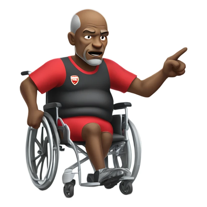 old black bald man with a protruding round pot belly in wheelchair. angry face. grey stubble. he is pointing finger in front. Arsenal soccer shirt. mouth word bubble sticker