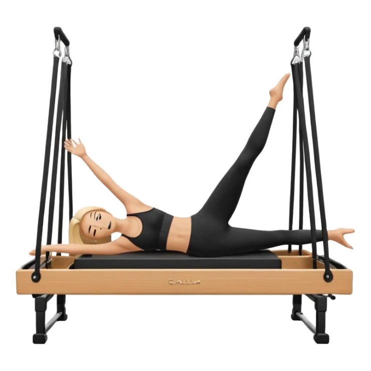 Minimalist, flat-design style emoji of a person doing pilates on a cadillac reformer, hanging upside down with legs open in a split position sticker