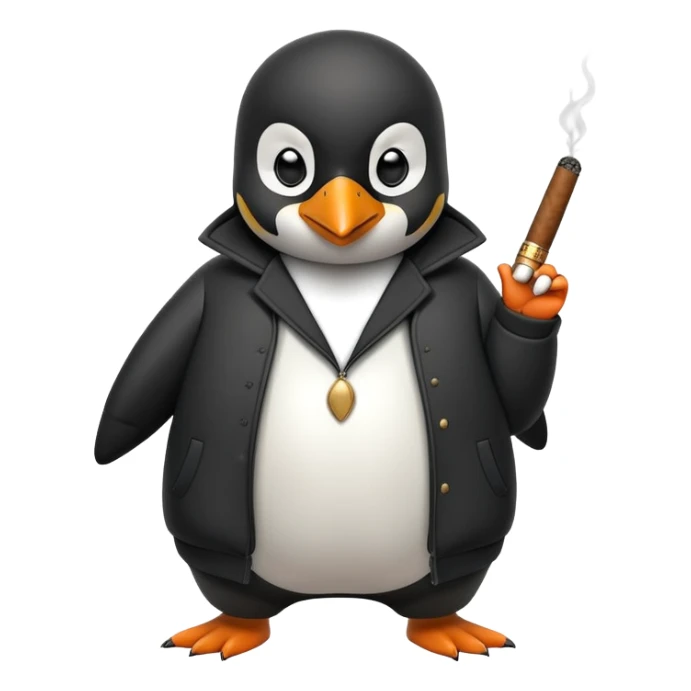 friendly anthropomorphised penguin wearing a mafia-style tracksuit, holding a cigar, confident pose, scheming soprano vibe sticker