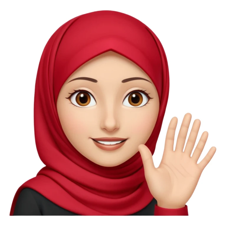 The character gently waves her hand in a slow friendly motion, warm welcoming smile, soft sparkle animation around her, red hijab accents flowing slightly, calm and kind expression, text below in rounded 3D font: “Assalamu alaykum”
🎞 Animation idea: hand wave + eye blink sticker