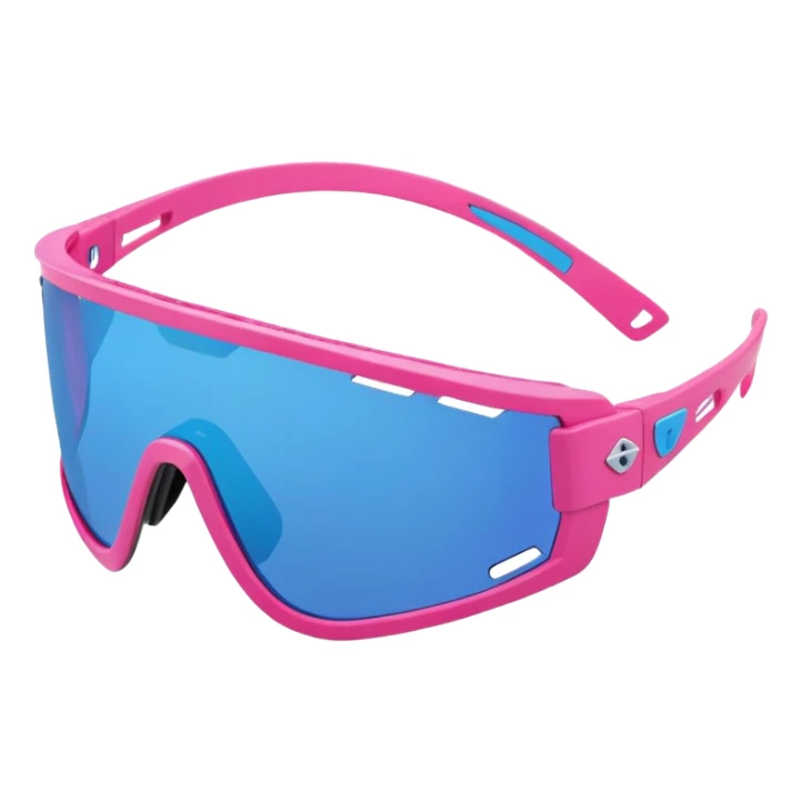 sporty pink shield visor sunglasses with thick ventilated frame, racing style air vents, massive build, one-piece blue tinted lens sticker