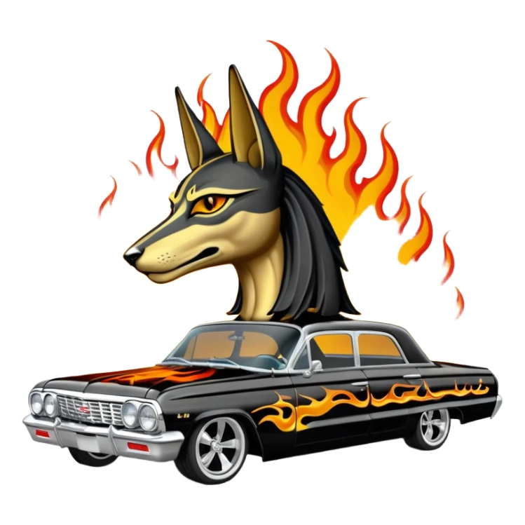Satans Hot rod custom 1964 impala low rider four door Anubis theme painted hood flaming side-mounted chrome exhaust pipes driving straight to hell  sticker