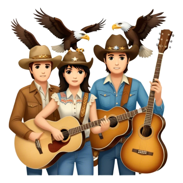 Icon for Country Music: A collage featuring Eagles as a band, Ricky Nelson, and Linda Ronstadt. Acoustic guitars, banjo, cowboy hats and a vintage Americana aesthetic evoke the spirit of classic country and country rock. Warm earthy tones. Transparent background. sticker