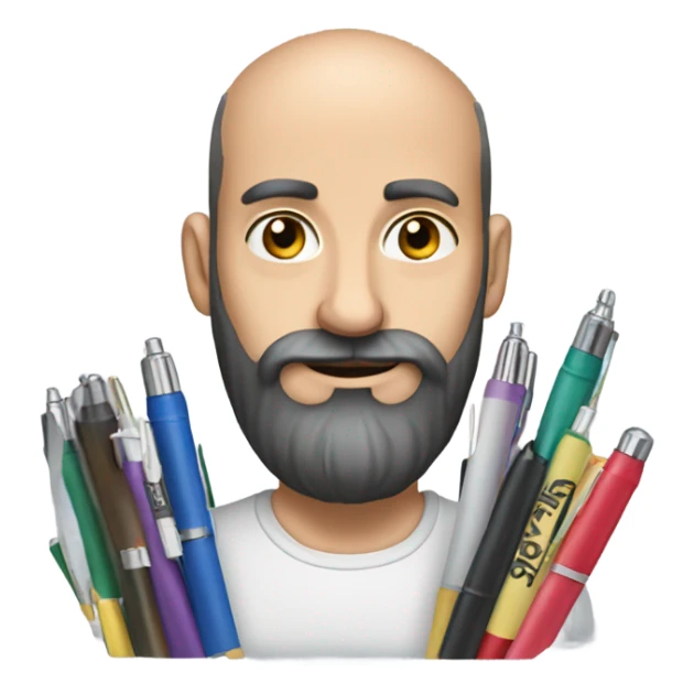 Balding man with thick black beard,  holding lots of pens  sticker