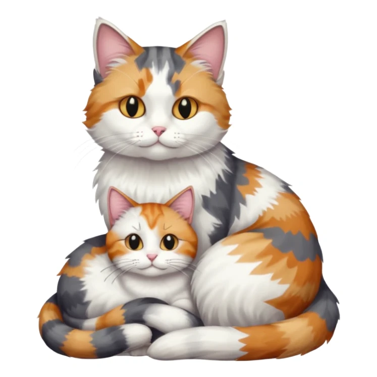 full body colourful light patched calico + white tabby cat cuddling a grey and white cat  sticker
