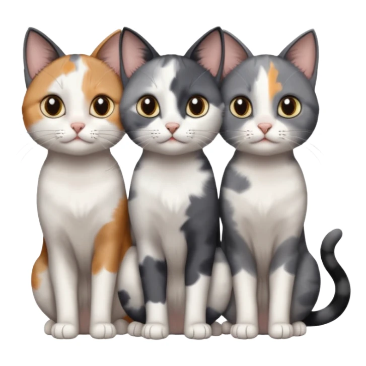 3 different coloured small cats including a dark grey and white, and a patchy calico and a completely solid dark grey with only white paws sticker