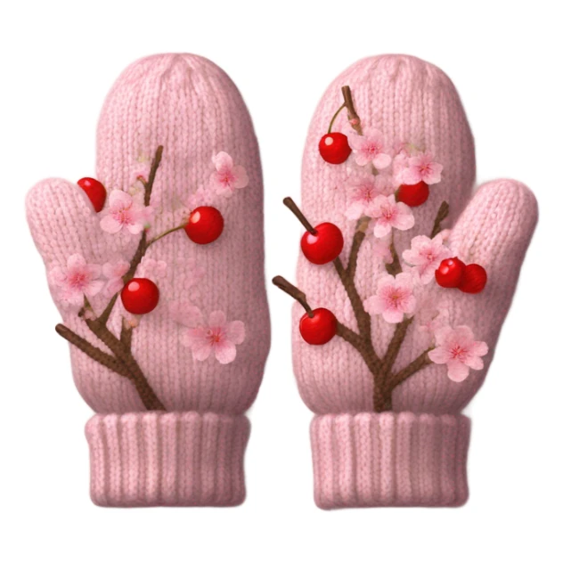 A pair of cozy knitted mittens with a cherry blossom design sticker