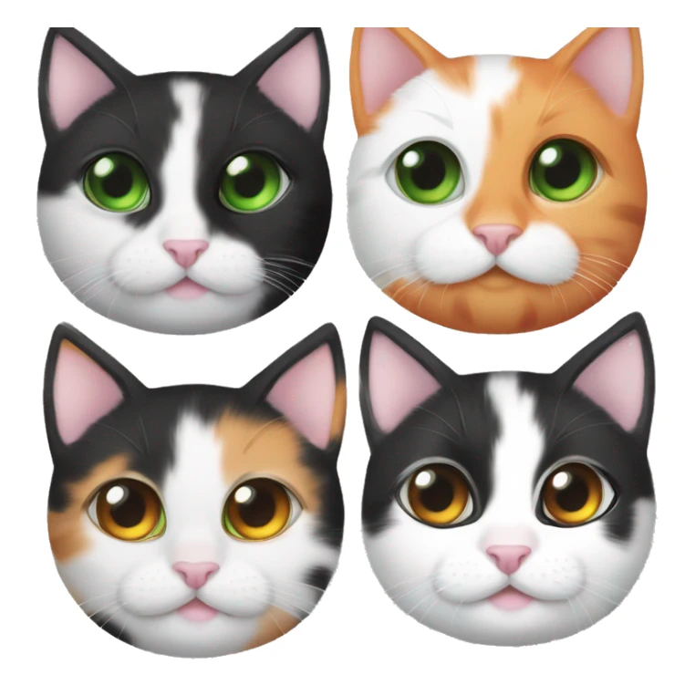 One Black White orange kitten with orange and black spots  Green eyes, pink nose  Black spot on left eye  Orange a big spot on right eye  On all four paws sticker
