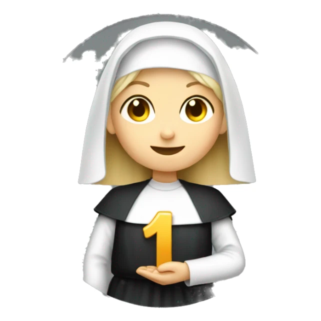 A blonde nun holding a coin with the number 1r on it sticker
