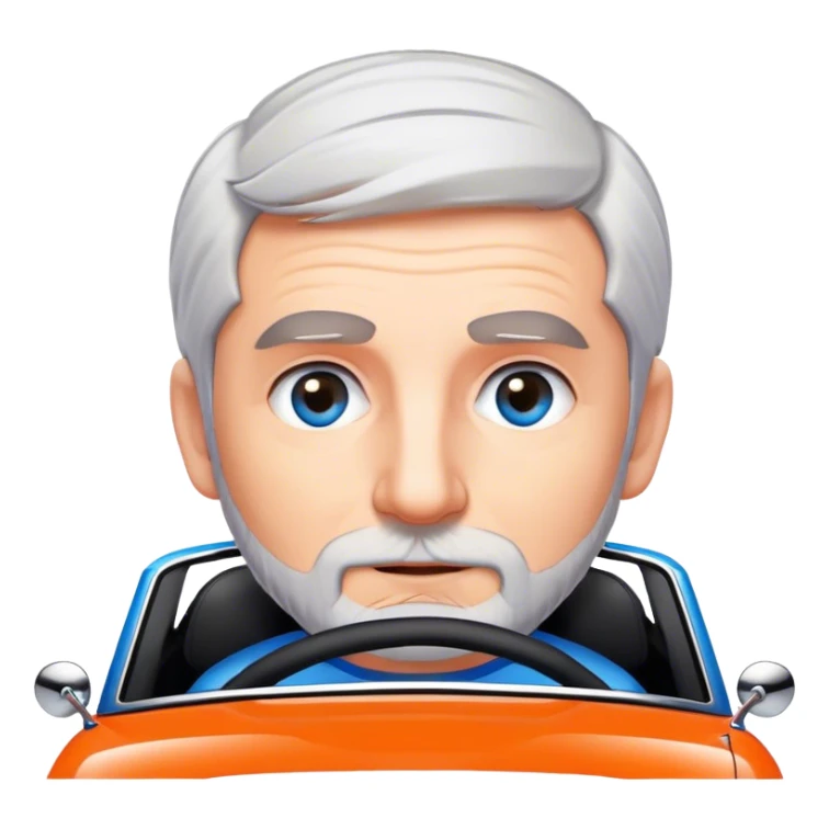 Grey haired short bearded with blue eyes driving a modern orange mini cooper with black bonnet stripes sticker