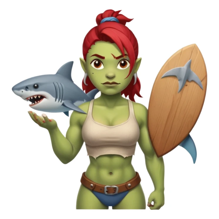 orc female holds a board with a shark painted vertically in his hands sticker
