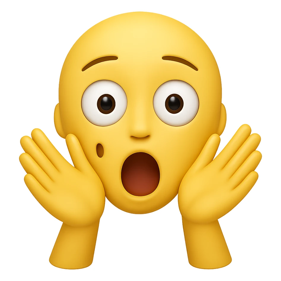 Add hands to the chocki emoji while keeping the shocked face expression. Preserve the transparent background. The style should match the Apple emoji style with its characteristic look and colors. sticker
