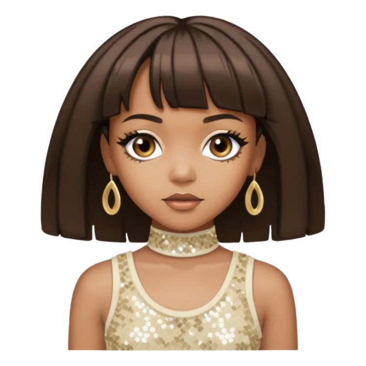 Left Eye from TLC with medium dark brown hair, ivory sequin outfit sticker