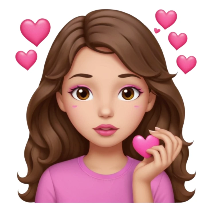 girl with long wavy brown hair, brown eyes, light to medium complexion, in a pink shirt, pink lips, long lashes, puckering lips kissing, blushing with hearts sticker