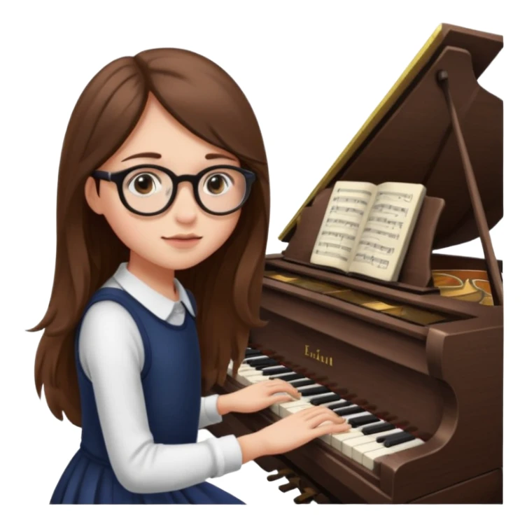girl long brown hair. round glasses eye. playing piano sticker