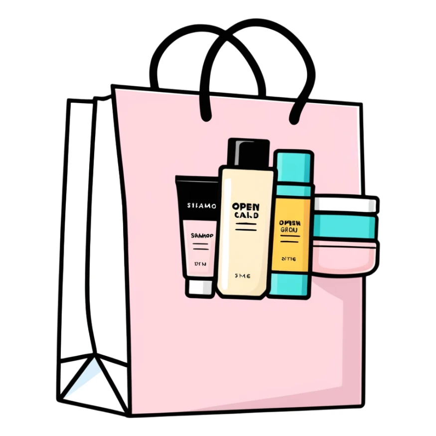 Gift bag with beauty products (shampoo, creams, styling products), a gift bag is beautyful open box full of luxury brand-labeled beauty products sticker