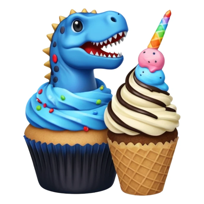 A cupcake having blue and black icing and a dinosaur as a decoration and ice cream next to it sticker