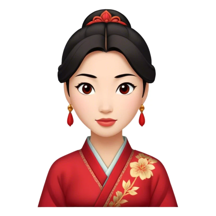 Cinematic Radiant Mulan Portrait Emoji, rendered in a realistic, vector-style with clean proportions. Show Mulan with a soft, confident smile, warm skin, and expressive eyes, her dark hair styled simply, and dressed in traditional clothing with understated red accents. The image radiates a gentle, luminous glow and high shine, accentuated by a soft glowing outline. sticker