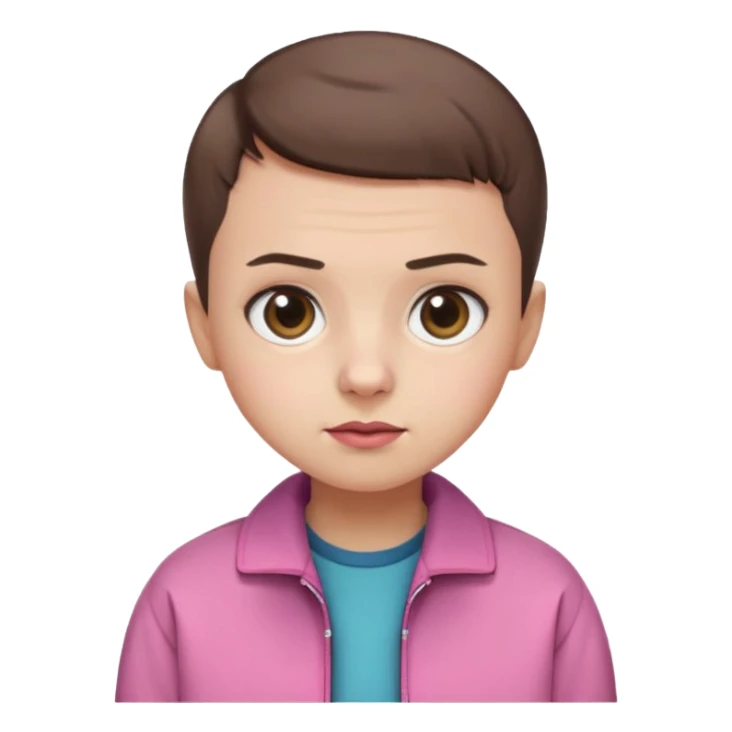 Create a cute emoji-style illustration of Eleven from Stranger Things: round face, big expressive eyes, short brown buzz-cut hair, pink jacket, simple nose and mouth, soft shading, bright colors, clean outline, minimal details, friendly expression, flat emoji style, white or transparent background. sticker