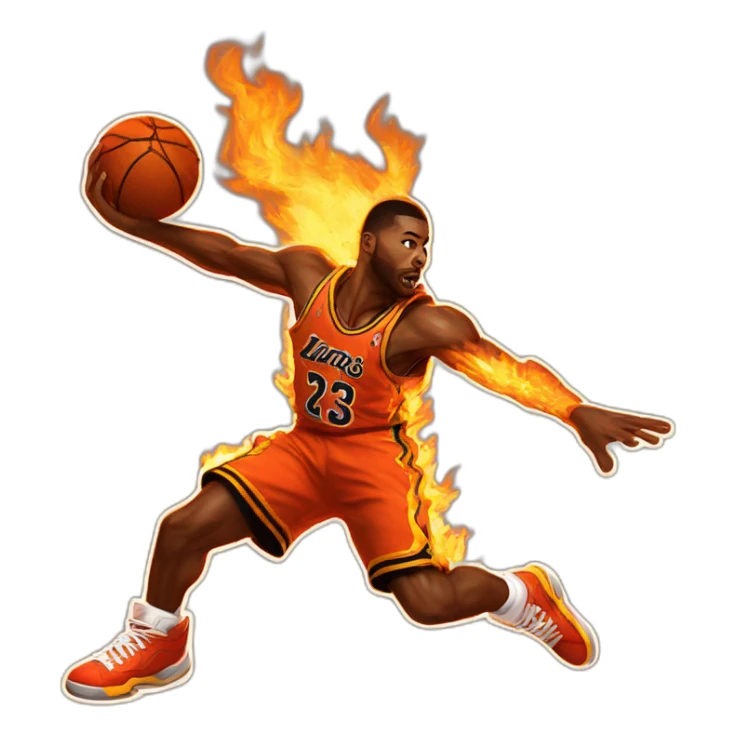 player from the video game "nba jam" dunking a basketball on fire sticker