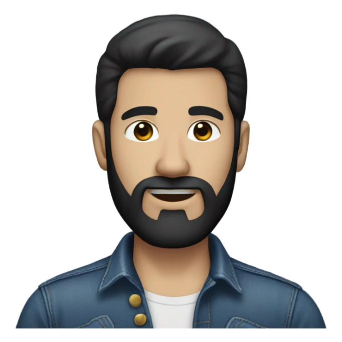 person with a black beard. No moustache. White skin tone. Nice black hair. Denim dark blue shirt sticker