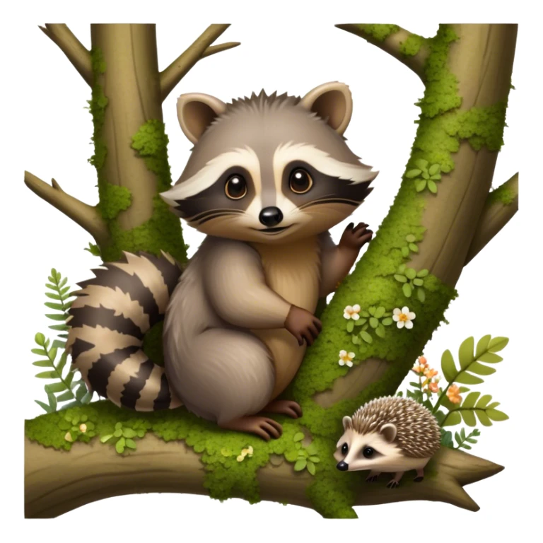Collage of an exotic raccoon and a hedgehog, both curiously exploring a forest setting with moss and small flowers. The raccoon is perched on a tree branch, and the hedgehog is nestled in the underbrush. Vibrant nature backdrop. Transparent background. sticker