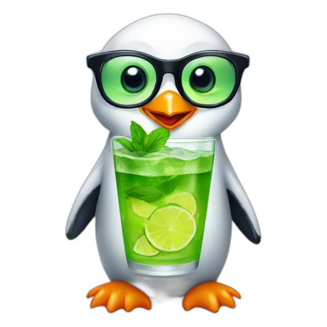 baby penguin with big glasses drinking mojito sticker