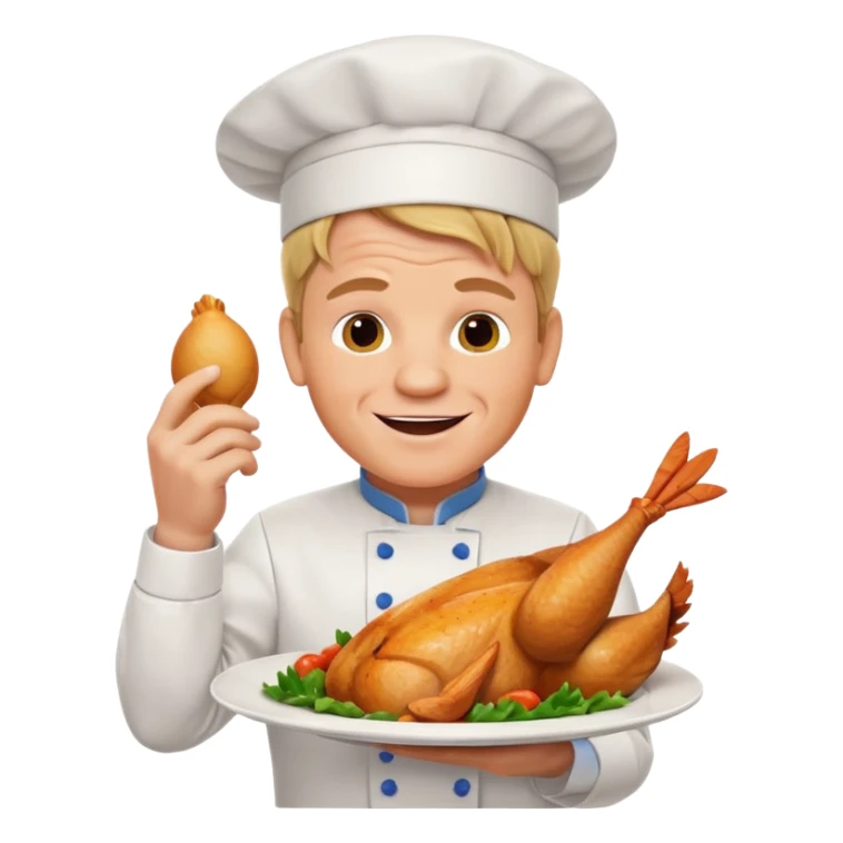 Gordon Ramsay cheerful, showing off a perfectly cooked chicken on a plate, chef uniform sticker
