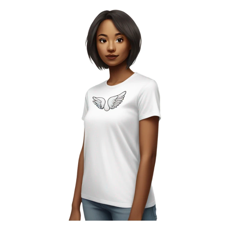 womans white t shirt with small drawing of wings on the front sticker