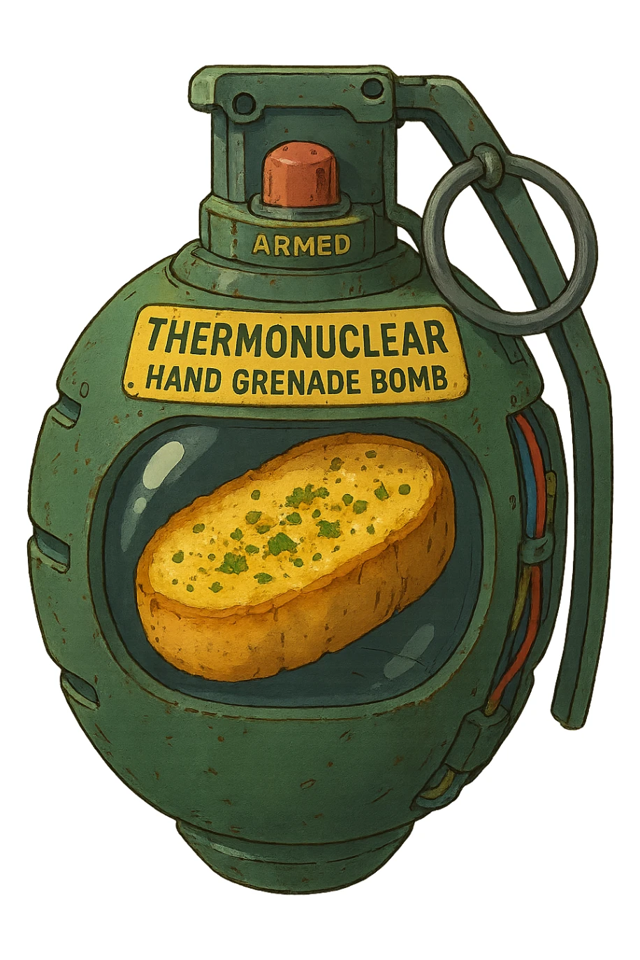 a thermonuclear hand held grenade IED, futuristic cyberpunk. The primed exlosive element is not c4 plastique, but it is garlic bread. sticker