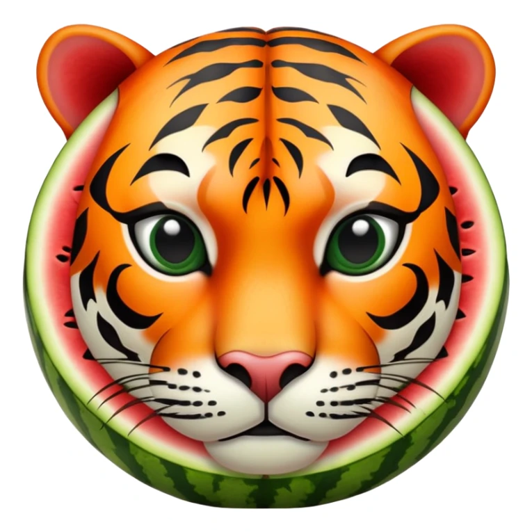 Cartoon watermelon with tiger face where the red flesh is visible, tiger stripes blending with watermelon pattern sticker