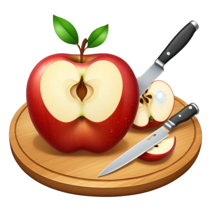 A round wooden board with a whole apple and several slices on it and knife, with sparkles sticker