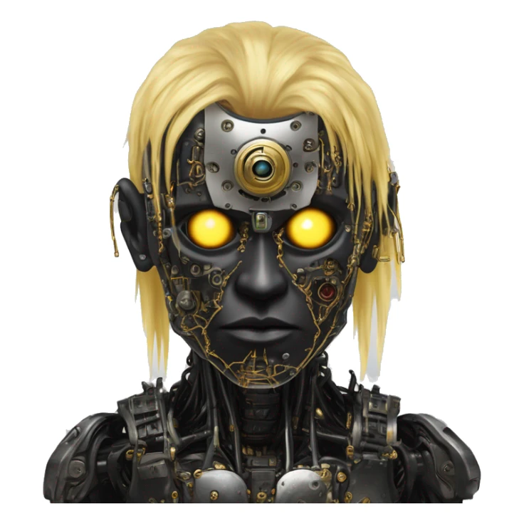 black metal male cyborg head with artificial eyeball, circuitry and wispy yellow gold hair sticker