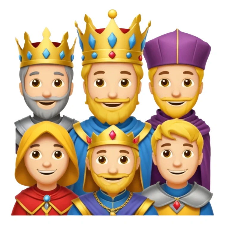 fait moi un Roi 1 Connétable un Chevalier un paysan et un Bouffon avec le style graphique cartoon et personnage jaune sticker