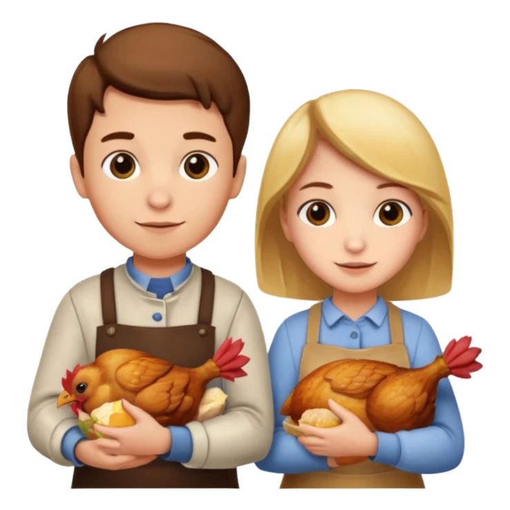 Boy and girl carrying a chicken meat sticker