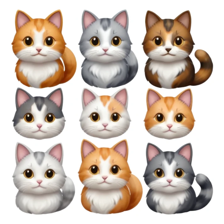 6 realistic looking cats with different natural coloured coats, assorted grey and white, greys, calico, brown and white colours etc
 sticker
