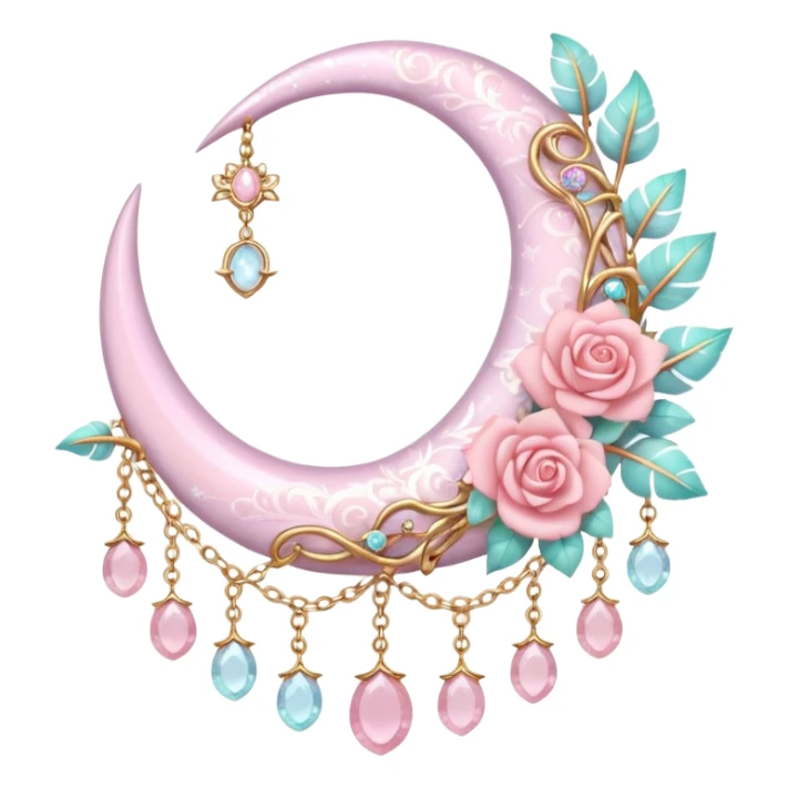 Rosy shiny glossy sparkly romantic pastel crescent damask moon with rose quartz pastel vines pastel gems pastel beads with feathers and chains  sticker