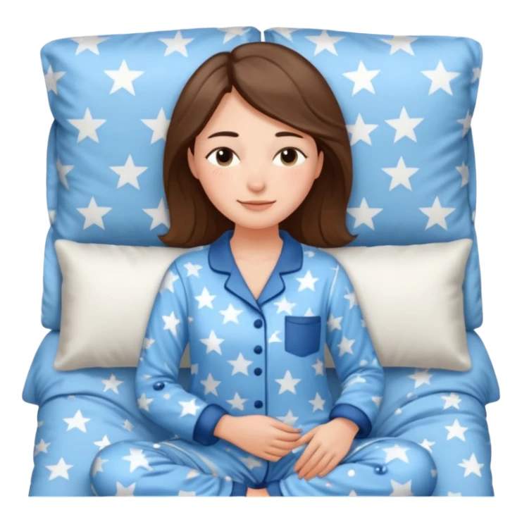 {
      "type": "human",
      "look": "woman in star-print pyjamas, soft blue set, sleepy smile",
      "description": "a woman in soft blue star-print pyjamas smiling sleepily"
    } sticker