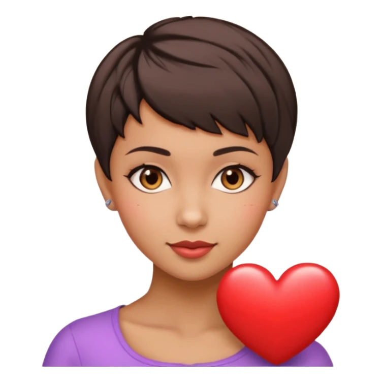 woman pixie cut dark brown hair, tan skin, brown eyes, heart shaped face sticker