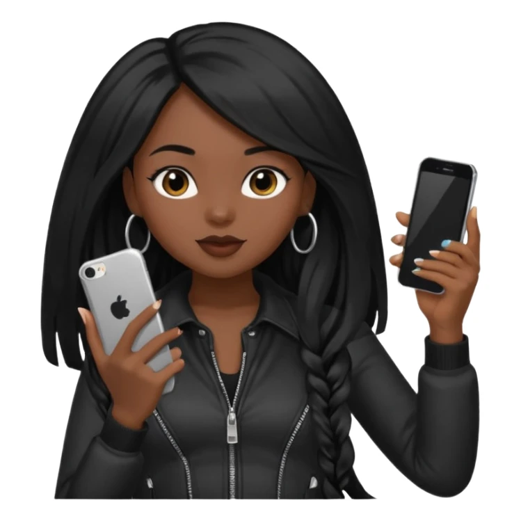 influencer girl black long haired, phone in hand, recording herself, confident, trendy, sticker