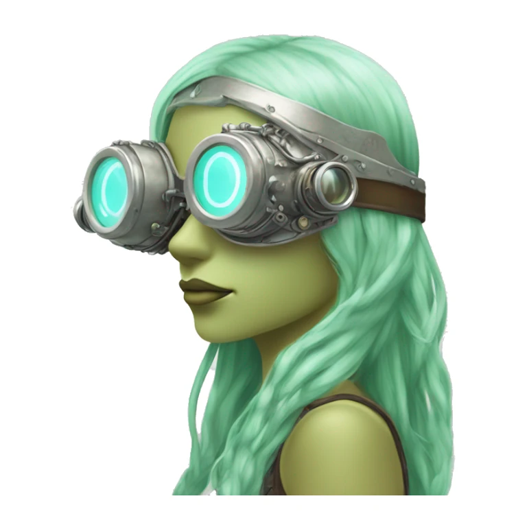 Pastel green long haired female cyborg head with silver steampunk goggles sticker