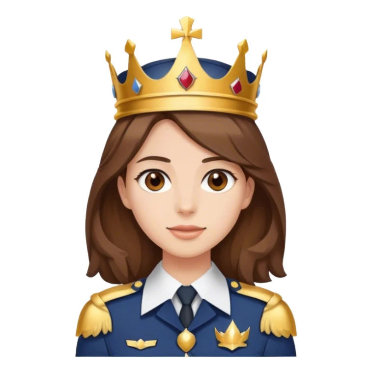 young woman with shoulder length brown hair wearing a captains uniform and a crown sticker