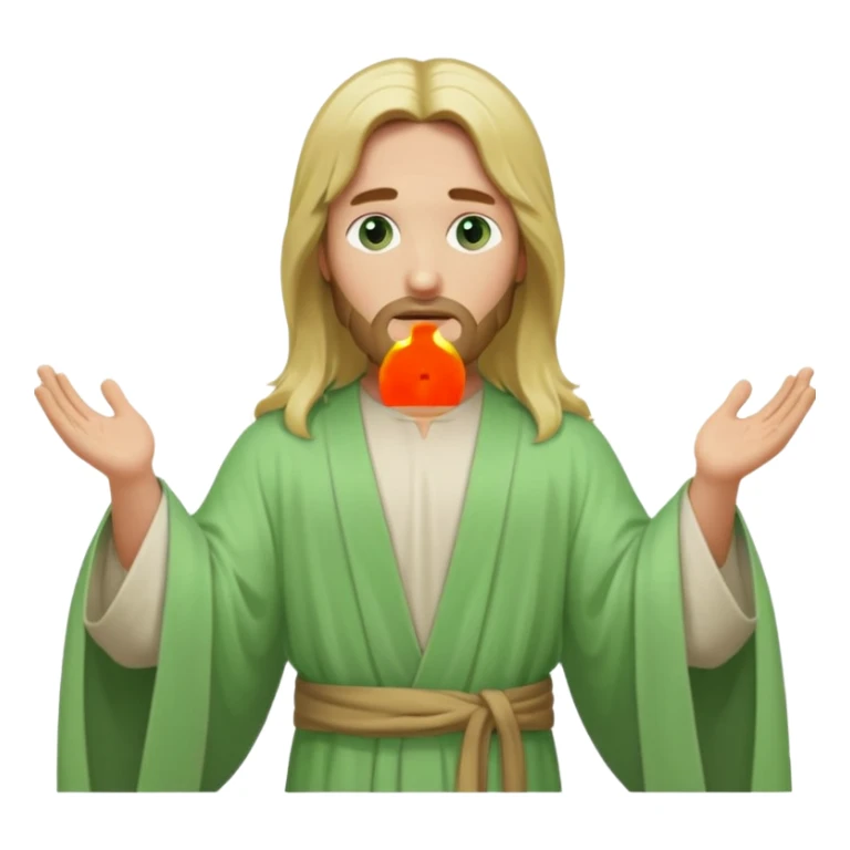 Jesus, green eyes, long blonde hair, light green wide, flowing outer robe. opening arms, gazing thoughtfully. Soft light, subtle fern. Waist-up, profile. sticker