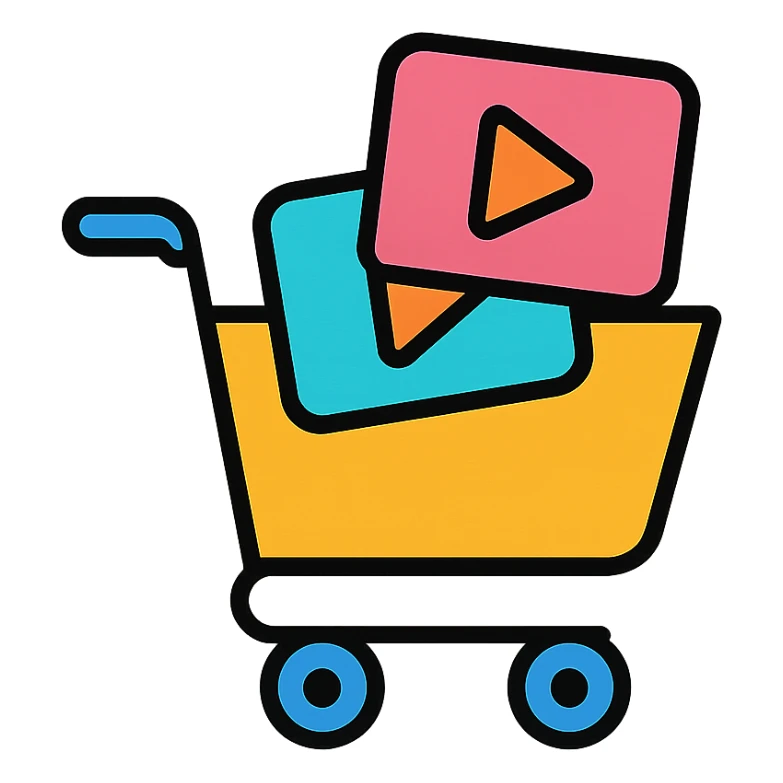 shopping cart with video player icons inside, color outline style sticker