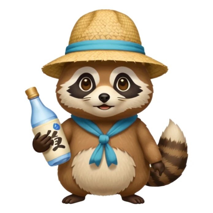 japanese tanuki with straw hat and sake bottle sticker